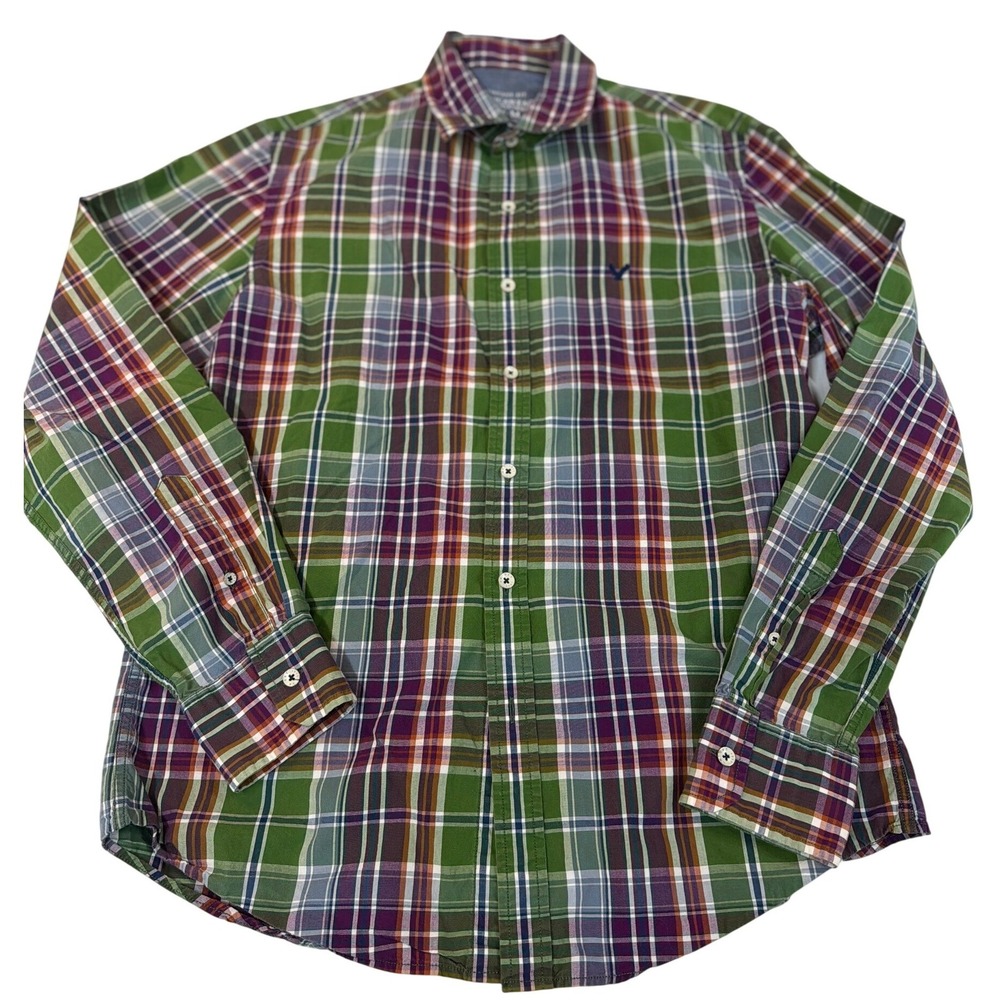 American Eagle Button Up Shirt Green Plaid Vintage Fit Long Sleeve Cotton Mens M